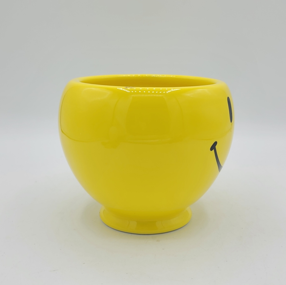 Teleflora Smiley Face Yellow Mug Bowl Oversized 4" Ceramic Cup Pedestal Base Vtg - Picture 2 of 7